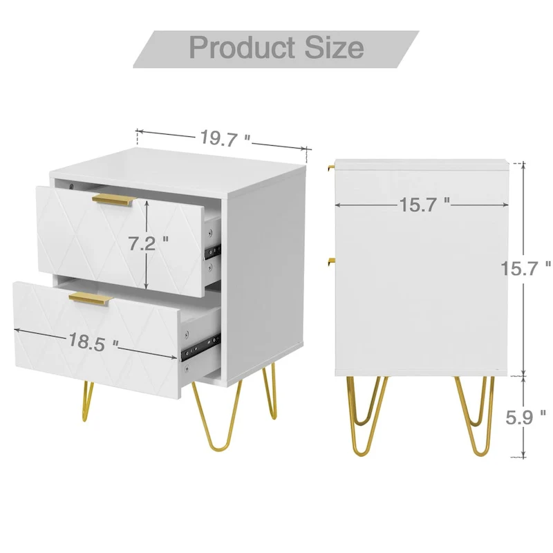 Set of 2 Nightstand 2 Drawer End Side Table Bedside Metal Legs Modern Bedroom Living Room