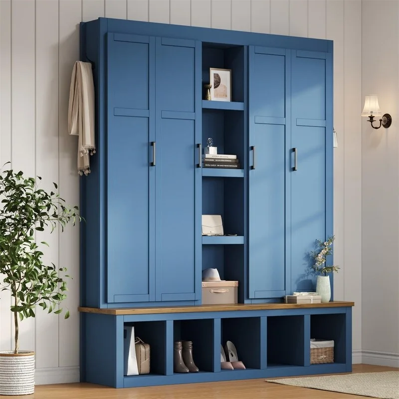 Farmhouse 4-in-1 Hall Tree with Open Display Shelves, Mudroom Shoe Bench with Open Compartments, Entryway Coat Rack with 6 Hooks