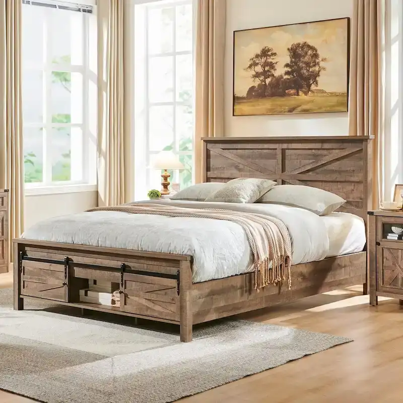 Farmhouse Full size Wood Bed Frame with Sliding Barn Door storage