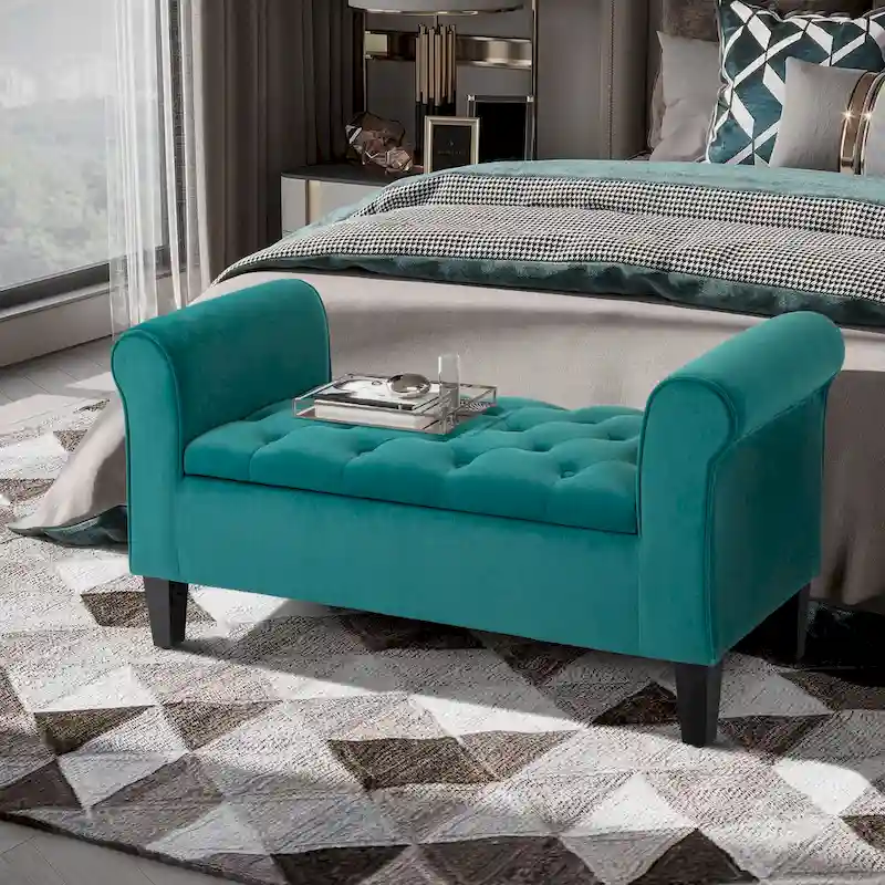 HOMCOM Button-Tufted Storage Ottoman Bench, Upholstered Bed Bench with Rolled Armrests for Bedroom, Living Room or Hallway