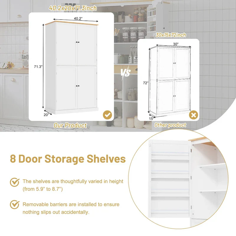 Freestanding Kitchen Pantry with 2 Drawers, Storage Cabinet with 8 Door Shelves, Cabinets with 2 Adjustable Shelves