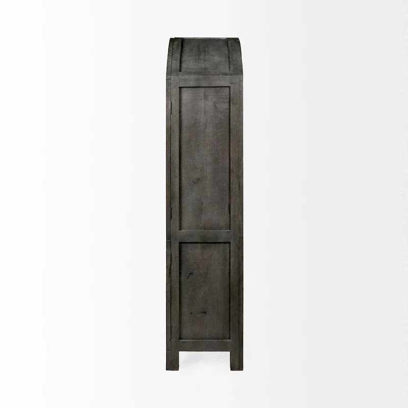 Dark Grey Solid Mango Wood Display Cabinet with Glass Doors & Arched Top