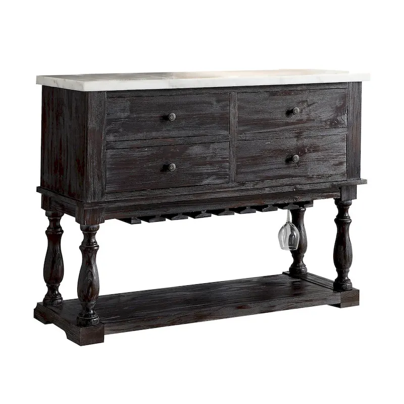 Four Drawers Wooden Server with Marble Top, White and Brown