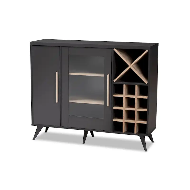 Dark Grey & Oak / White Brown Mid-Century Wine Cabinet with 24-Bottle Rack
