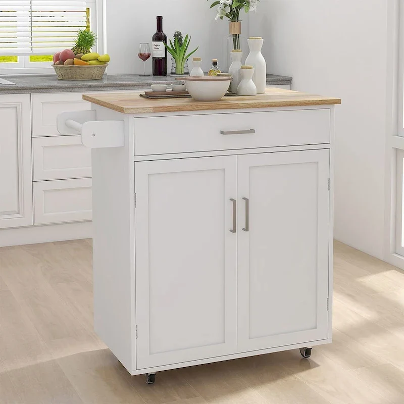 32.87 W Modern Rubberwood Countertop Kitchen Island with Adjustable Shelves and Towel Racks