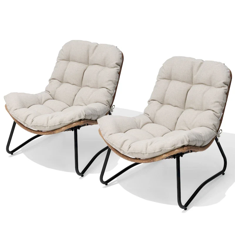 2-Piece Outdoor Papasan Chairs with Thick Padded Cushion PE Rattan Patio Cozy Chairs
