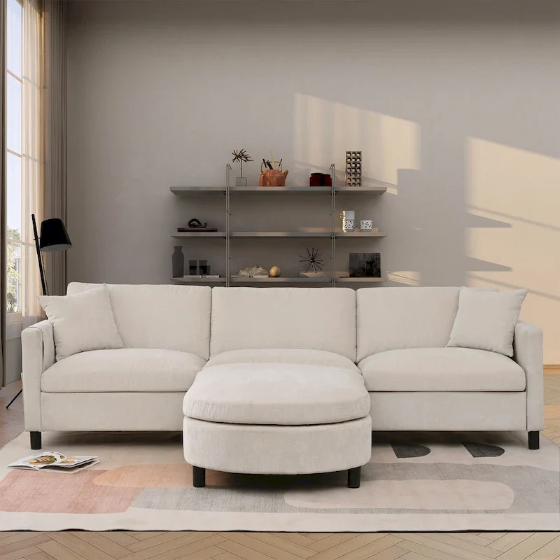 Beige 107.87 Spacious 4-Seater Sofa with Movable Ottoman, Removable Cushions, and Convenient Armrest Storage