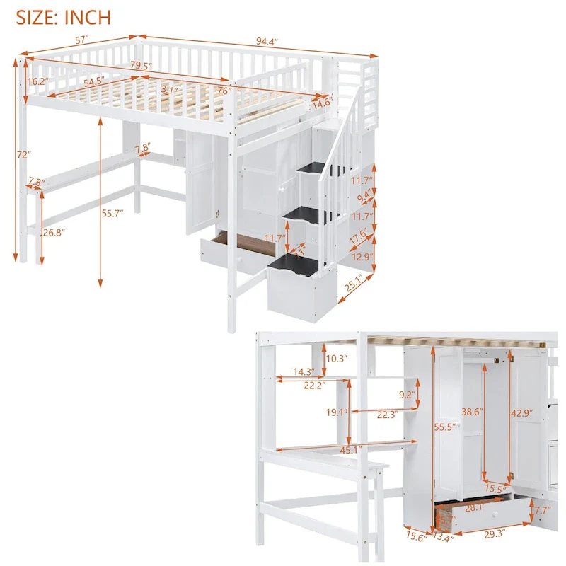 White Full Pine Loft Bed with Bookshelf, Drawers, Desk, Wardrobe, Storage Stair