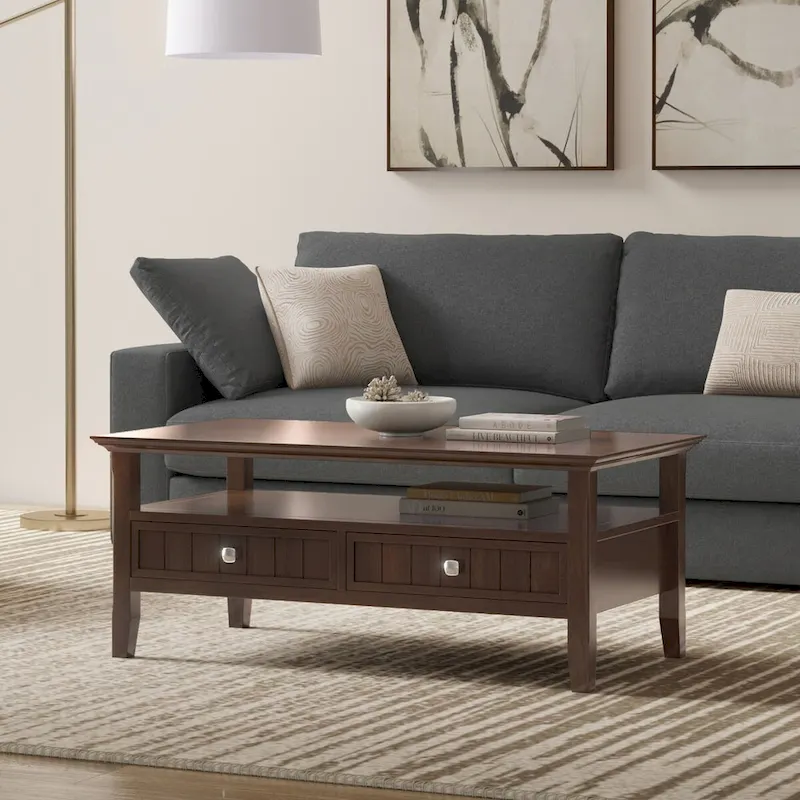 Wyndenhall Normandy SOLID WOOD 48 inch Wide Rectangle Transitional Coffee Table with Drawer in Brunette Brown