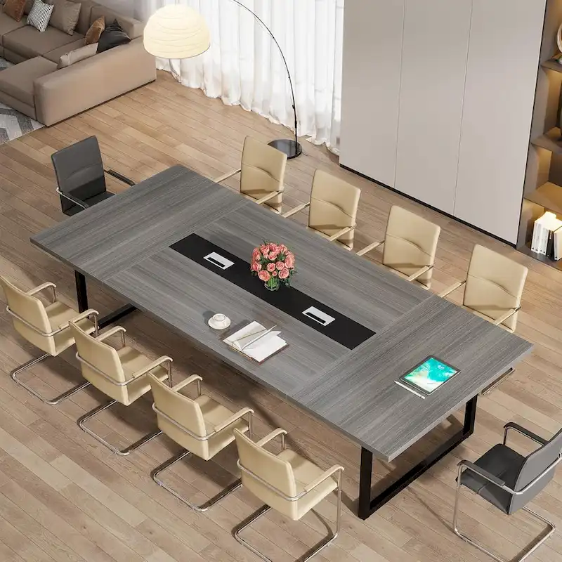 Large Rectangular Conference Table with Cable Management – Brown / Grey, Seats 8–10