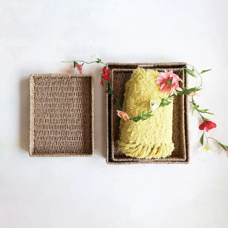 Decorative Hand-Woven Bankuan Trays with Handles, Set of 3 - 22.0 L x 18.0 W x 3.0 H