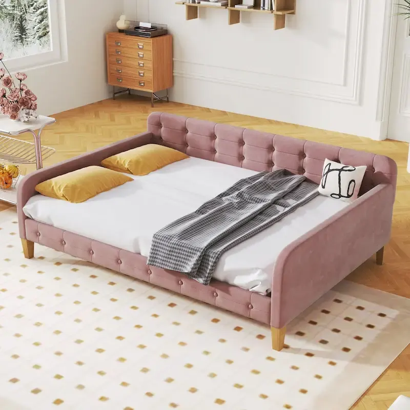 Upholstered Daybed w4 Support Legs, Button Tufting Loveseat Sofa Bed