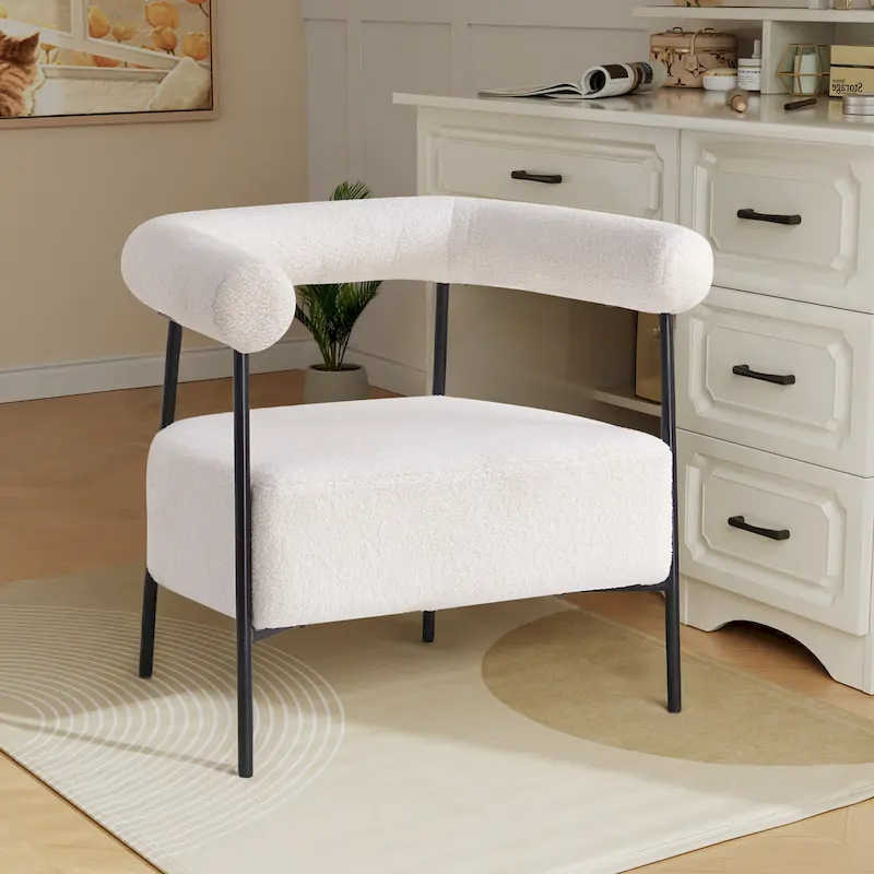 Modern Boucle Fabric Upholstered Accent Chair, Curved Armchair with Black Metal Frame