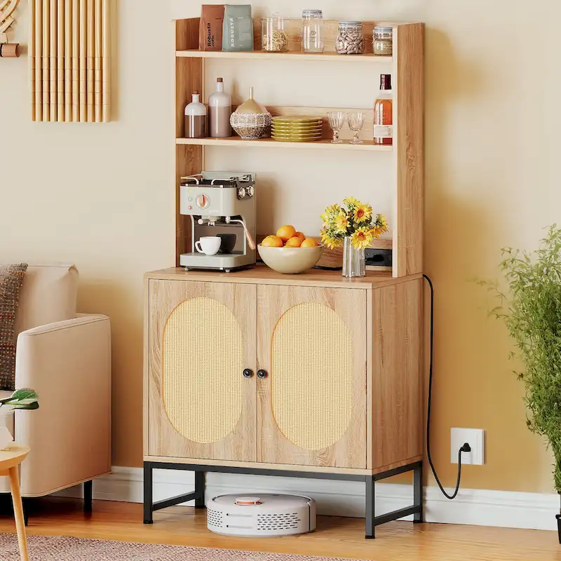 Moasis 2-Door Rattan Cabinet Baker's Rack with Power Outlets and USB Ports