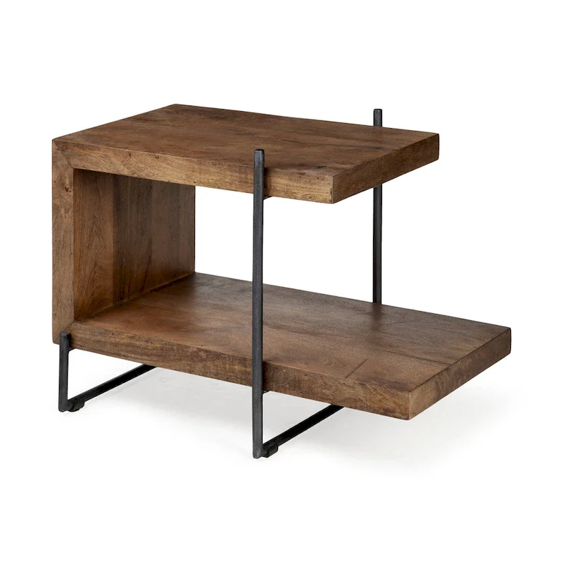Maddox Medium Brown Solid Wood w/ Black Metal Frame C-Shaped End/Side Table