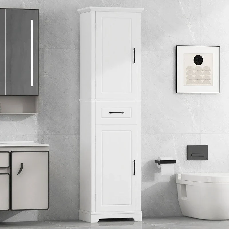 White Freestanding Storage Cabinet with 2 Doors, 1 Drawer & Adjustable Shelves