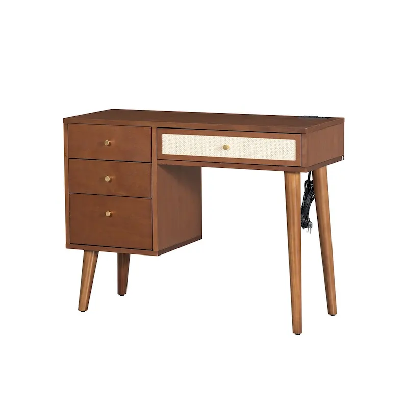39Makeup Vanity Set with Charging Plug&USB Port and Stool,Dressing Table with 3 Storage Drawers,1 Rectangular Rattan Drawer