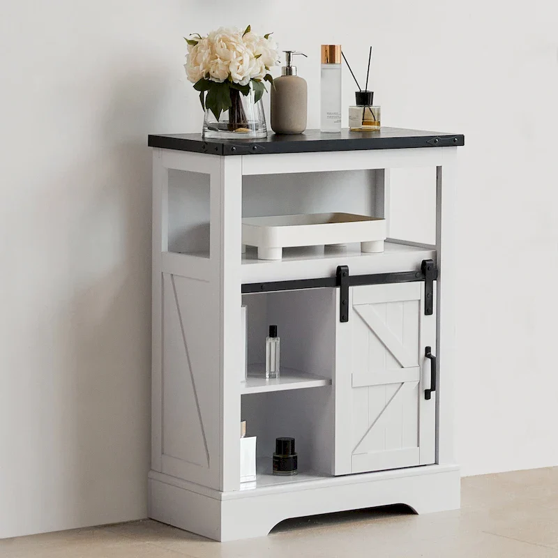 White Wood Finish Farmhouse Floor Storage Cabinet with Sliding Barn Door & 3 Drawers