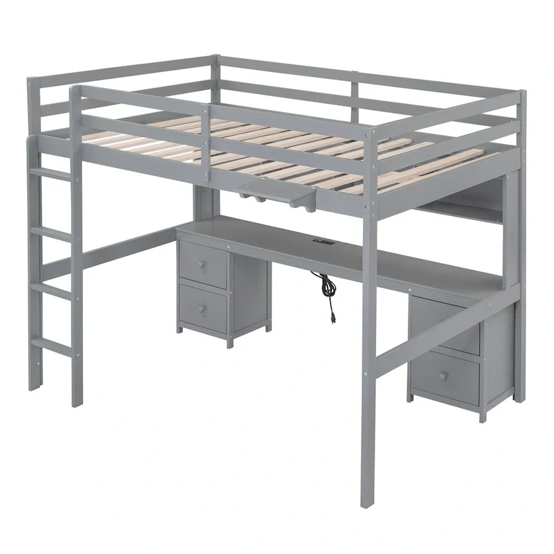 Full Size Wood Loft Bed w/Desk, Cabinets, Drawers, Charging Station