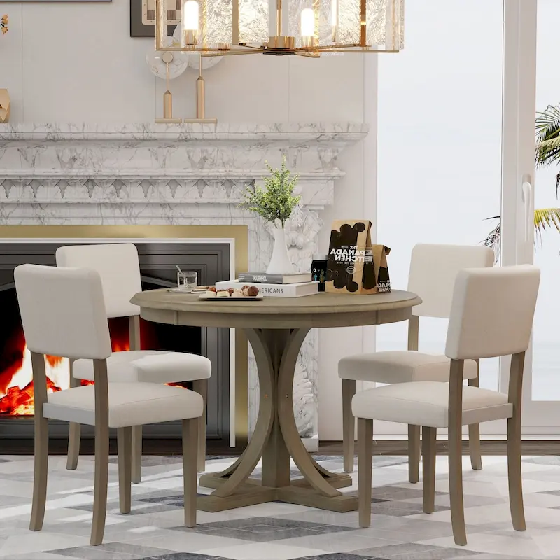 Taupe Retro 5-Piece Wooden Dining Table Set with Curved Trestle Table & 4 Chairs