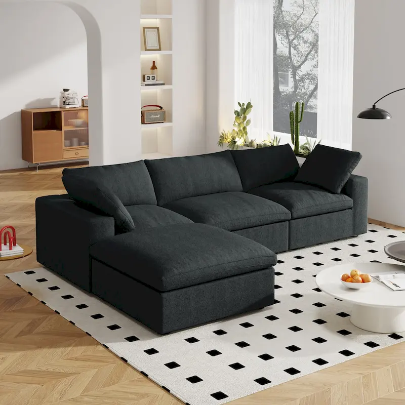 120 L-shaped Modern Sectional Sofa Linen Modular Sofa Couch with Storage Ottoman