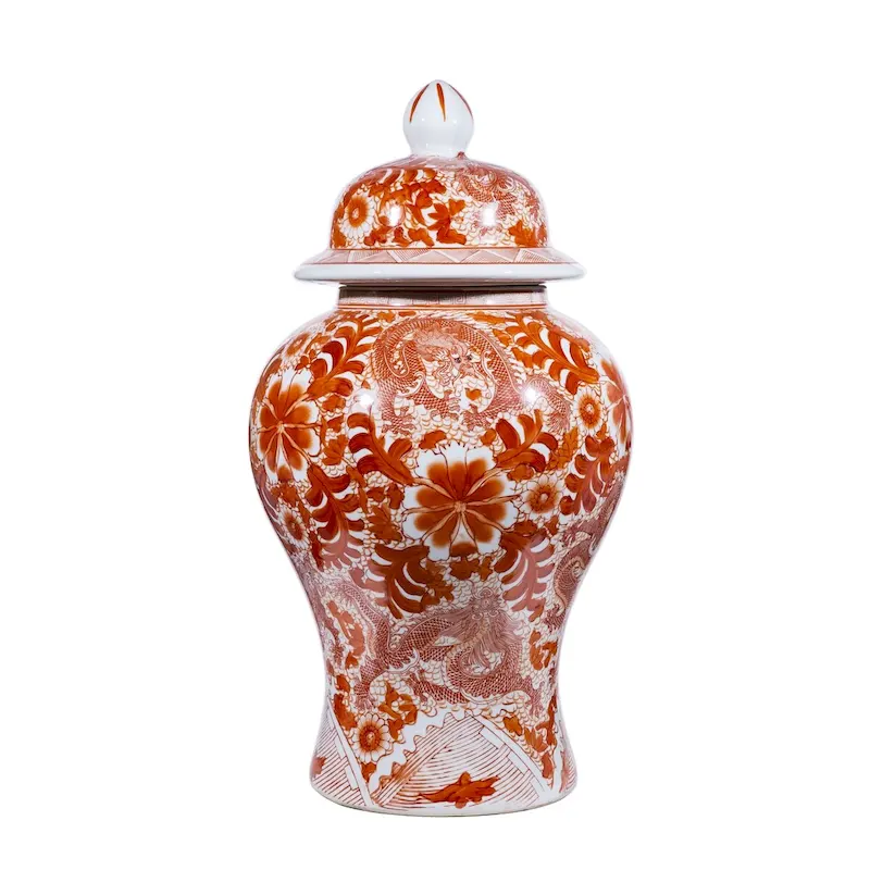 Handmade Dragon and Floral Motif Temple Decorative Urn