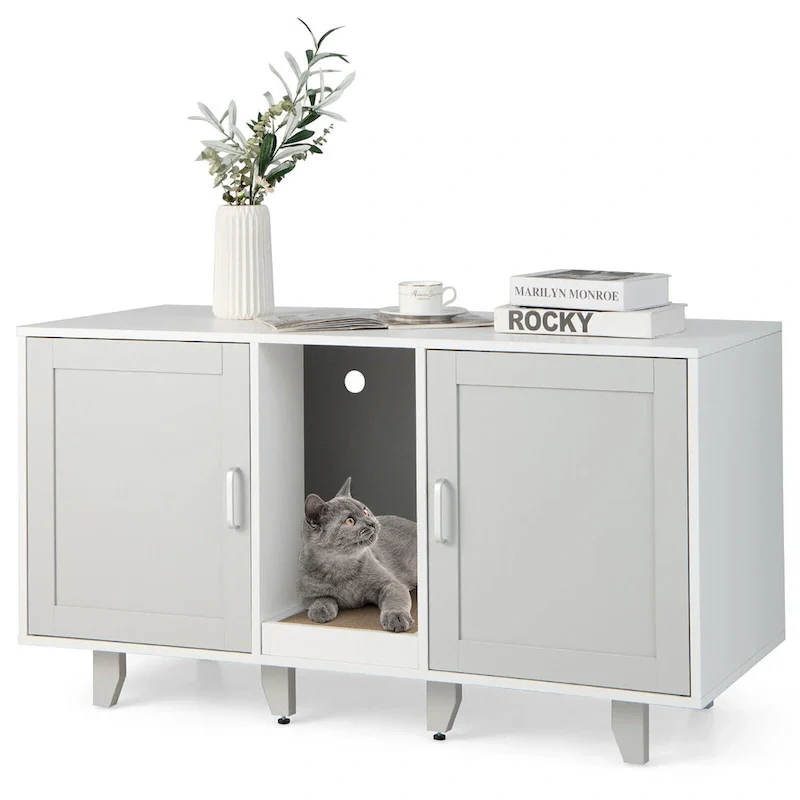 Gymax Cat Litter Box Enclosure Hidden Cat Washroom w/ 2 Doors