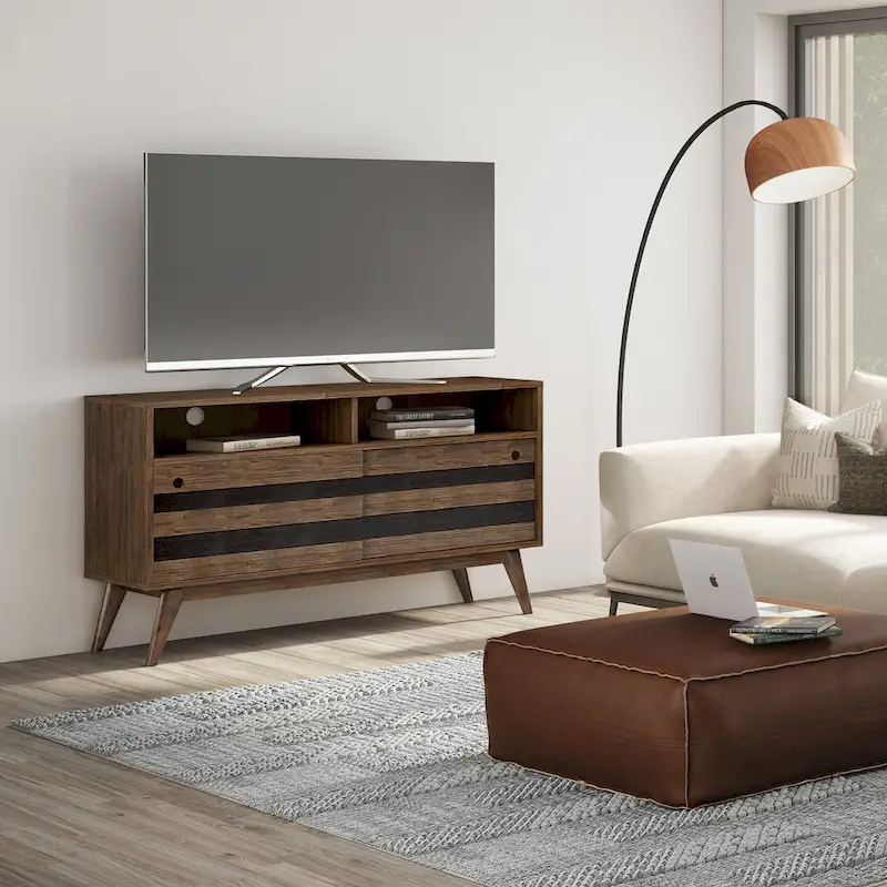 Wyndenhall Wright SOLID ACACIA WOOD 54 inch Wide Mid Century Design TV Media Stand in Rustic Natural Aged Brown