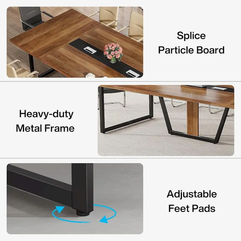 Large Rectangular Conference Table with Cable Management – Brown / Grey, Seats 8–10