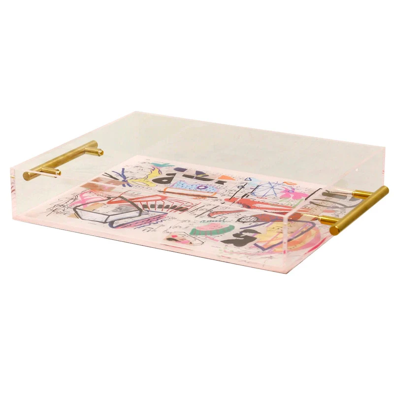 Harp & Finial Songbook I Acrylic Tray- Large - Abstract Print On Acrylic With Gold Handles