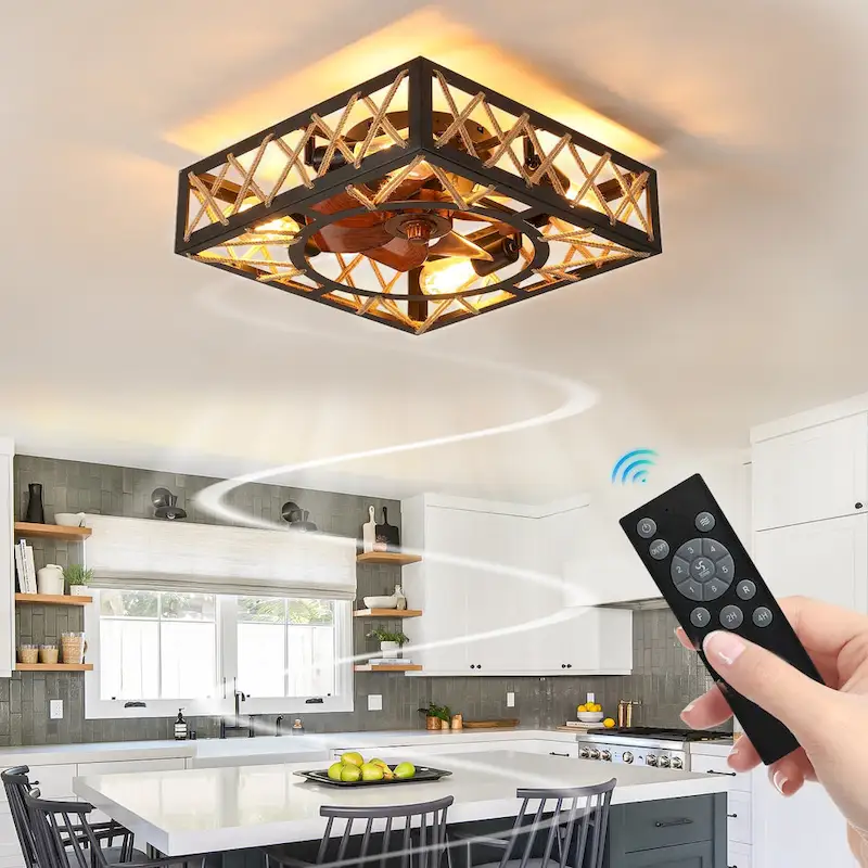 Oaks Aura 18in.Modern Industrial Low Profile Ceiling Fan with Light, Black Farmhouse Flush Mount Remote Control Ceiling Fan