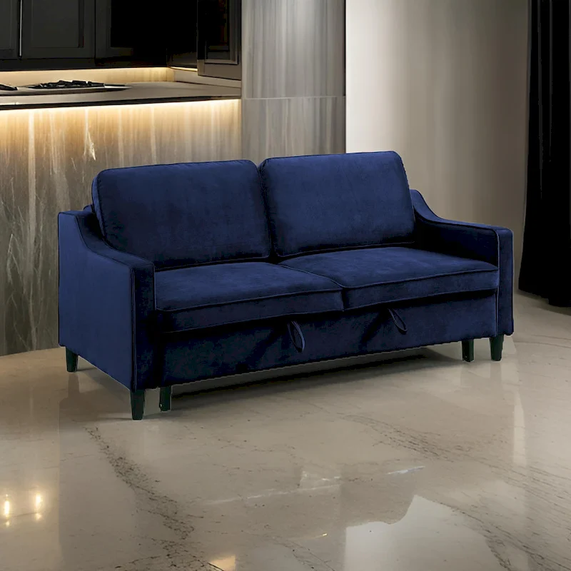 Katy 72 Inch Sleeper Sofa, Convertible Pull Out Bed, Solid Wood Blue Velvet