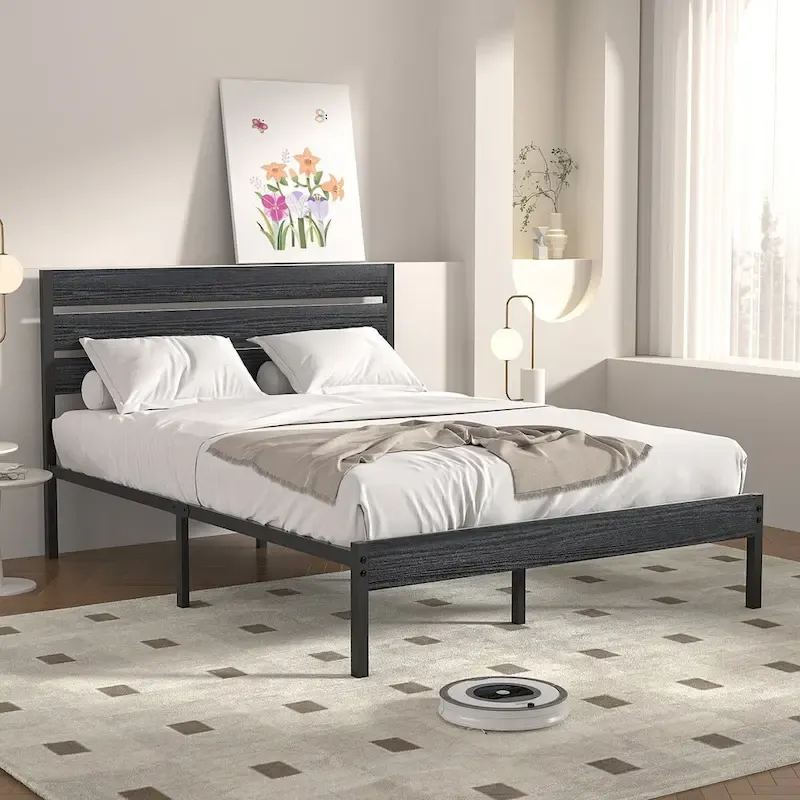 Javlergo Platform Bed Frame with Wood Headboard, Strong Metal Slats Support/No Box Spring Needed, Black