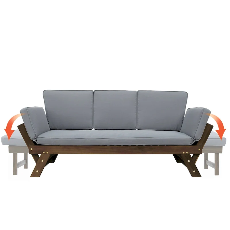 Outdoor Adjustable Patio Wooden Daybed Sofa Chaise Lounge with Cushions