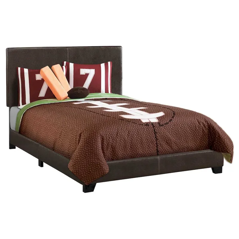 HomeRoots Brown Solid and Manufactured Wood Full Upholstered Faux Leather Bed Frame