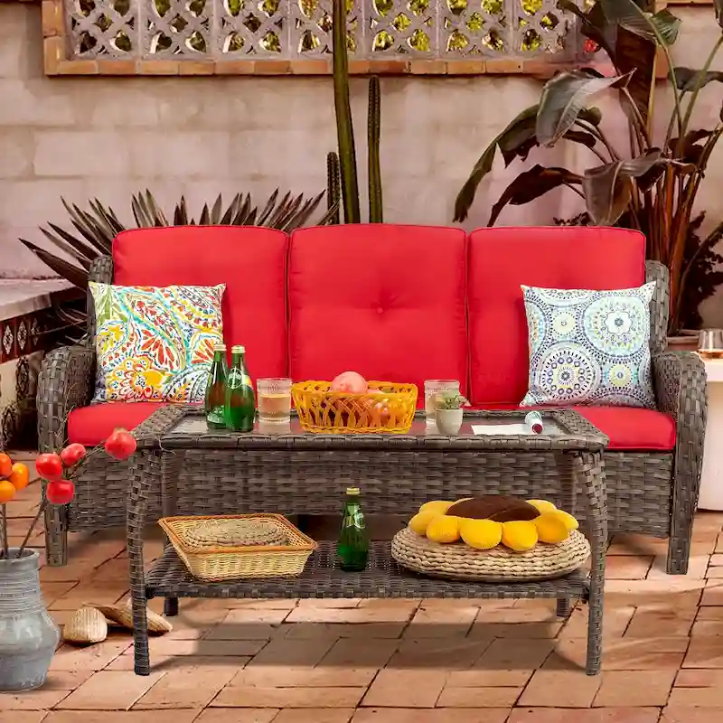 Cozywor Wicker Outdoor Lounge Sofa Couch with Cushions and Table
