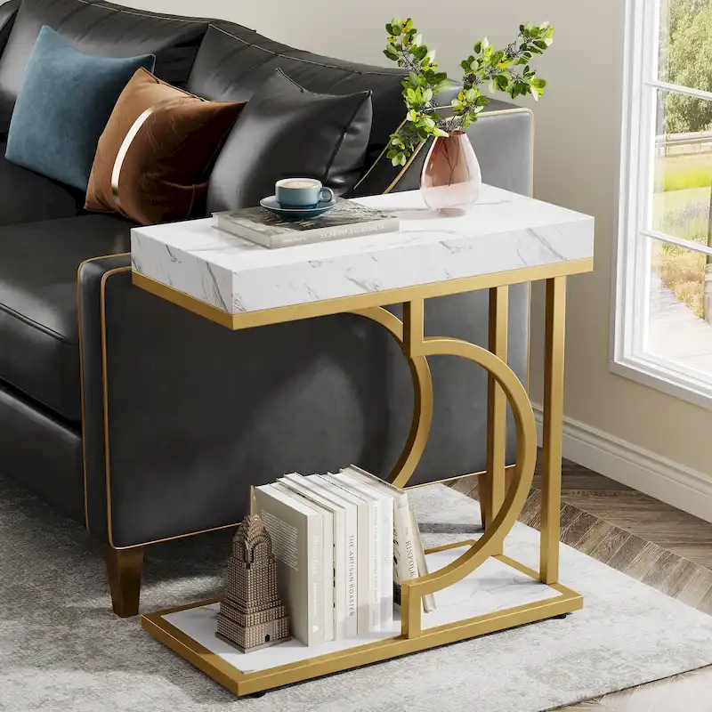 2 Tiers C Shaped Narrow End Chairside Table for Living Room