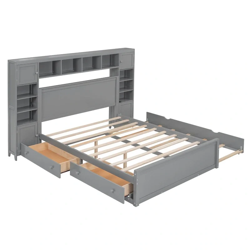 Modern Wooden Bed with Cabinet, Shelf, and Sockets
