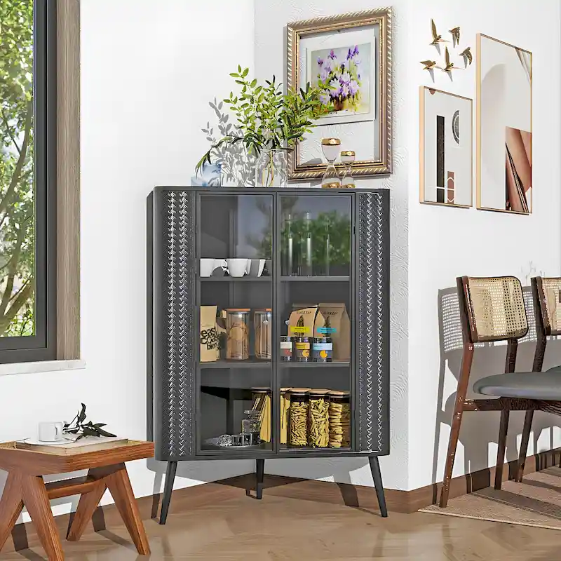 3-Tier Corner Storage Cabinet with Tempered Glass Doors, Removeable Shelves & Metal Frame, Freestanding Space-Saving Organizer