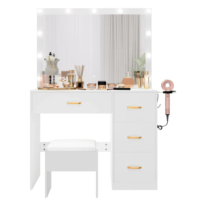 35.4 Mirror Makeup Vanity Table with Stool and Light Bulb - 35.4L x 15.7W x 53.5H
