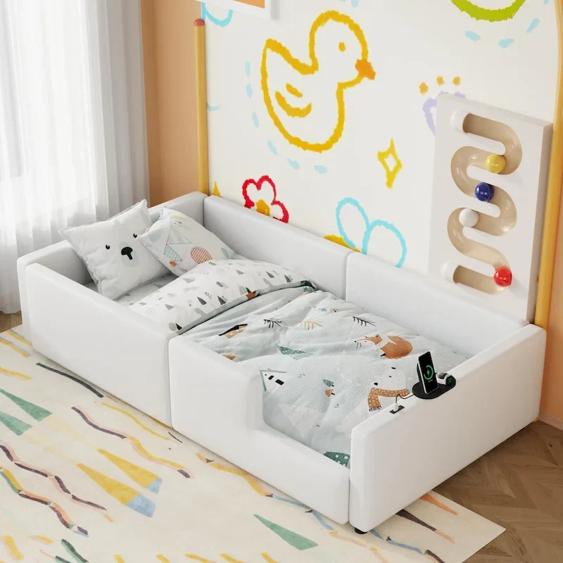 Twin Upholstered Bed with Guardrail & Charging Station