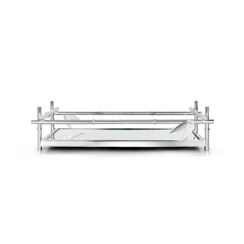 Silver Bamboo Style Rectangle Metal Mirror Decorative Tray Serving Platter