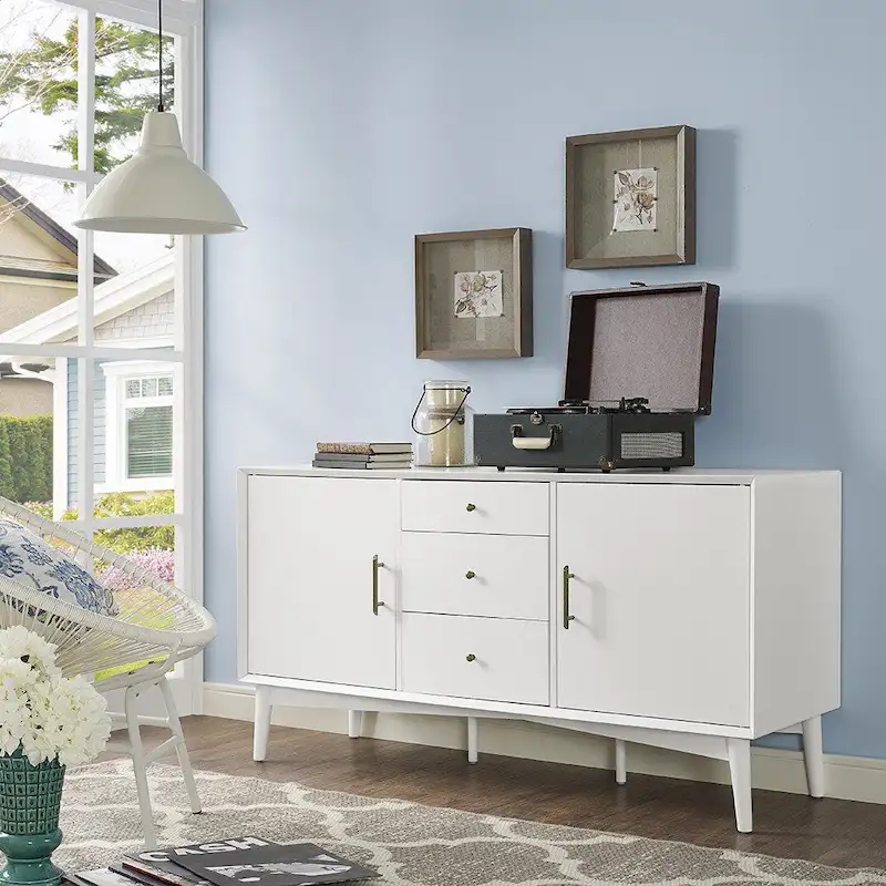 White Mid-Century Modern Sideboard with 2 Cabinets, 3 Drawers & Tapered Legs