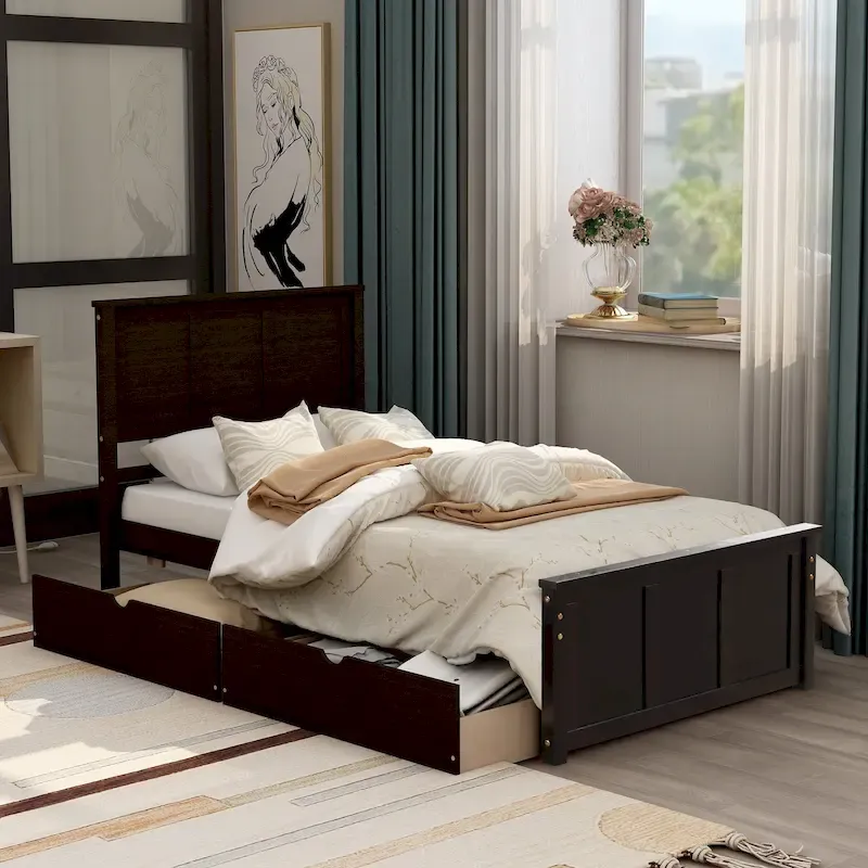 Twin Size Espresso Platform Storage Bed, 2 drawers with wheels
