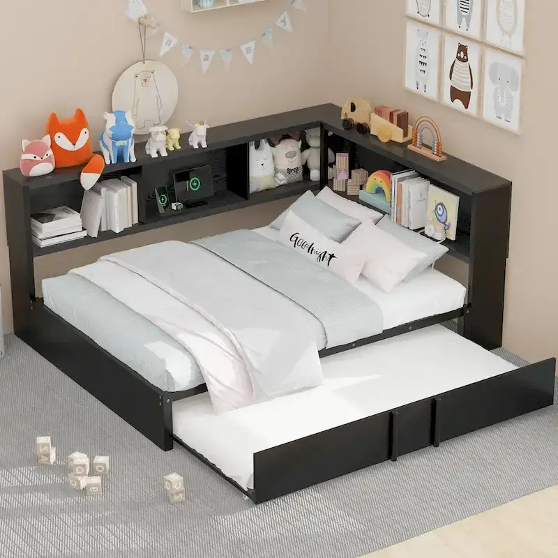 Full Size Metal Daybed with Trundle, Storage Cabinets, USB Ports