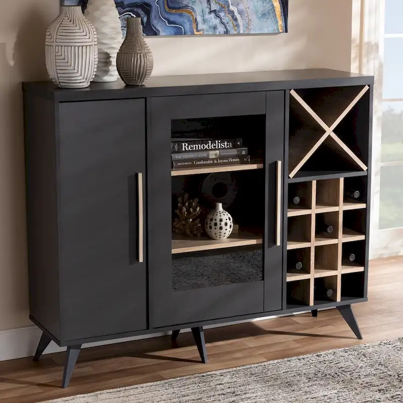 Dark Grey & Oak / White Brown Mid-Century Wine Cabinet with 24-Bottle Rack