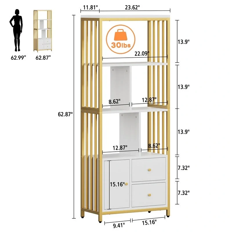 Yellow & Gold Finish Modern Bookshelf with Cabinet & 2 Drawers, Staggered Shelves