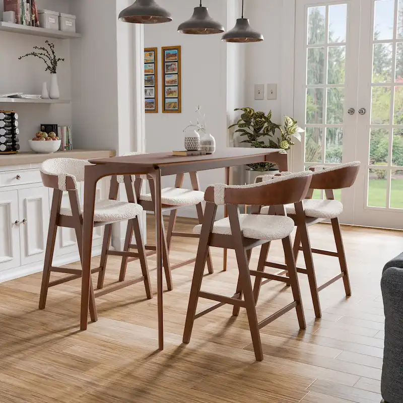 Furniture of America Shaw Mid-century 5-Piece Walnut Wood Counter Height Table Set with 4 Chairs