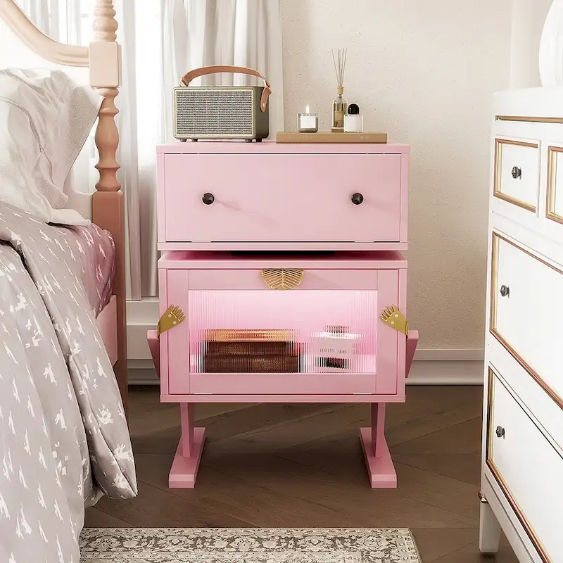 Nightstand with Rotating Drawer and LED Light Strip