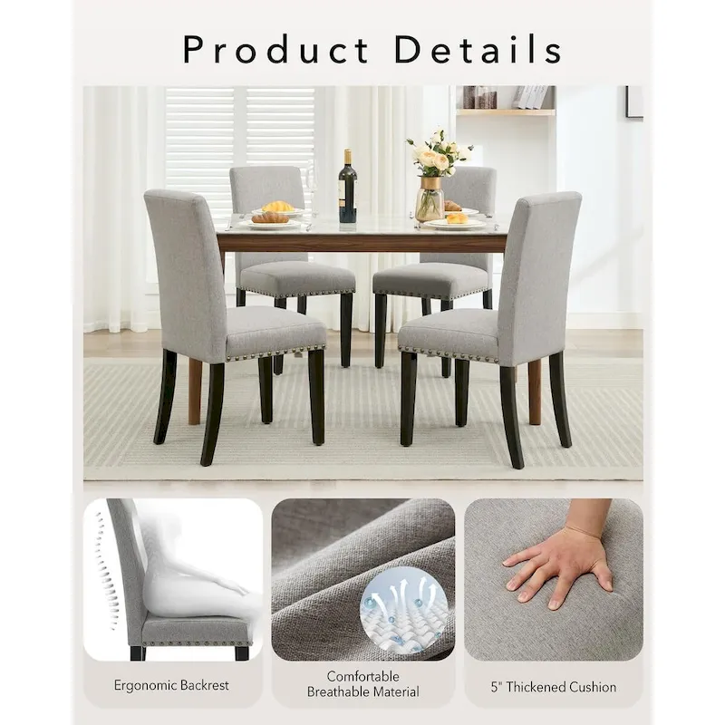 Modern Fabric Dining Chair Set of 4, Upholstered Kitchen Chair with Curved Backrest Wood Legs